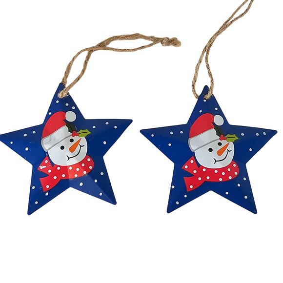 6 Christmas Star Metal Ornaments Blue Snowman Holiday Tree Hanging Decor 3" Lot - Picture 7 of 8